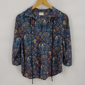 H.I.P Blouse Size Small Blue Floral Print V Neck Fall Color Top Semi Sheer